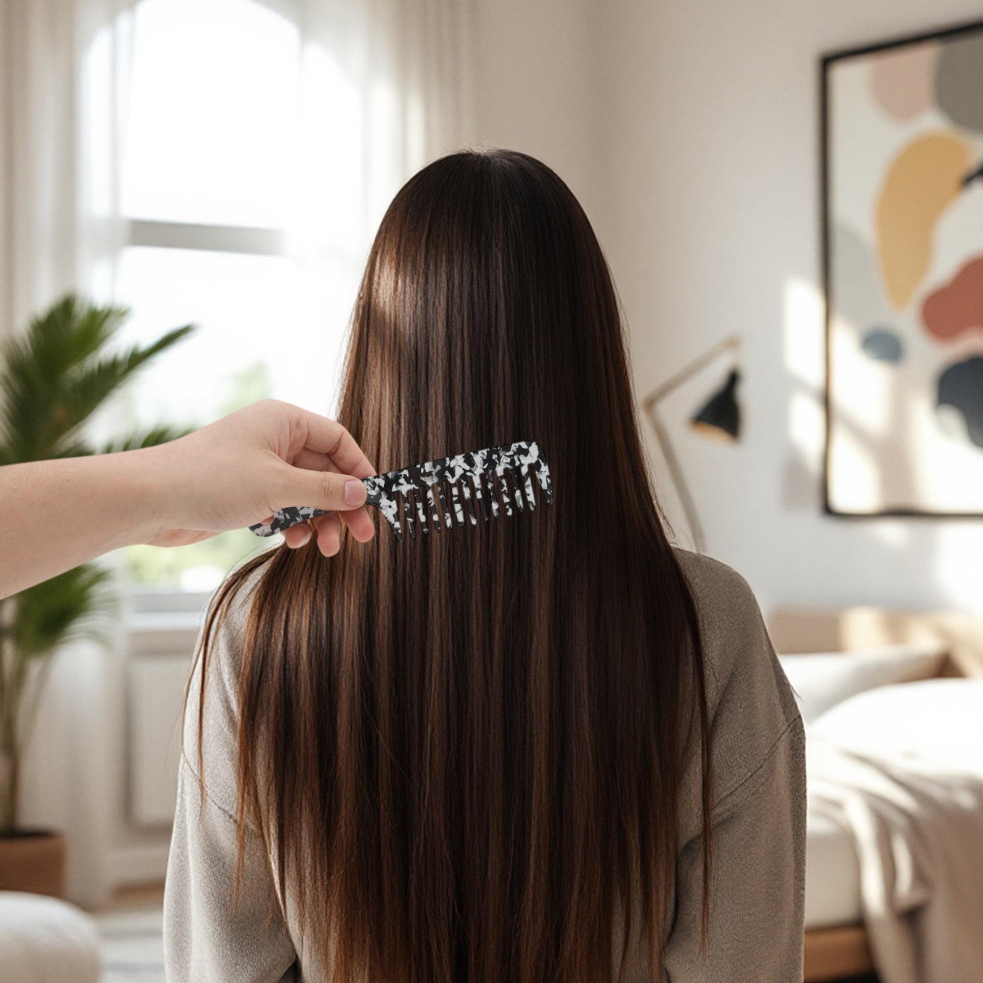Unique Bargains 1 Pc Marble Handle Hair Comb for All Hair Types Styles Black, White