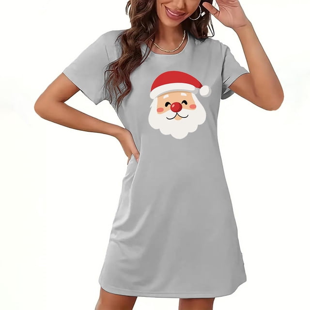 Camisón corto navideño para mujer, talla grande, cuello redondo, manga corta, estampado en el pecho, vestido de noche para mujer