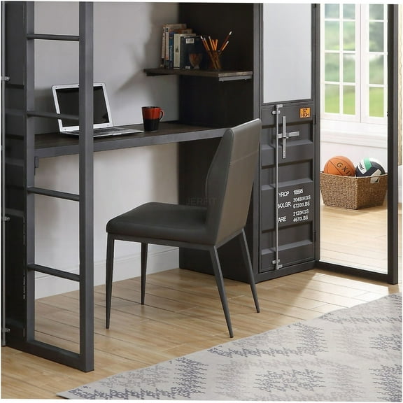 JERFIT Industrial Faux Leather Dining Chair with Gunmetal Metal Frame, Grey Upholstered Side Chair for Kitchen, Office, Living Room