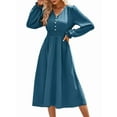 thumbnail image 3 of Mini V Neck Long Sleeve Dress for Women A-Line High Waisted Casual Flowy Dress for Cocktail Wedding Guest Blue S, 3 of 9
