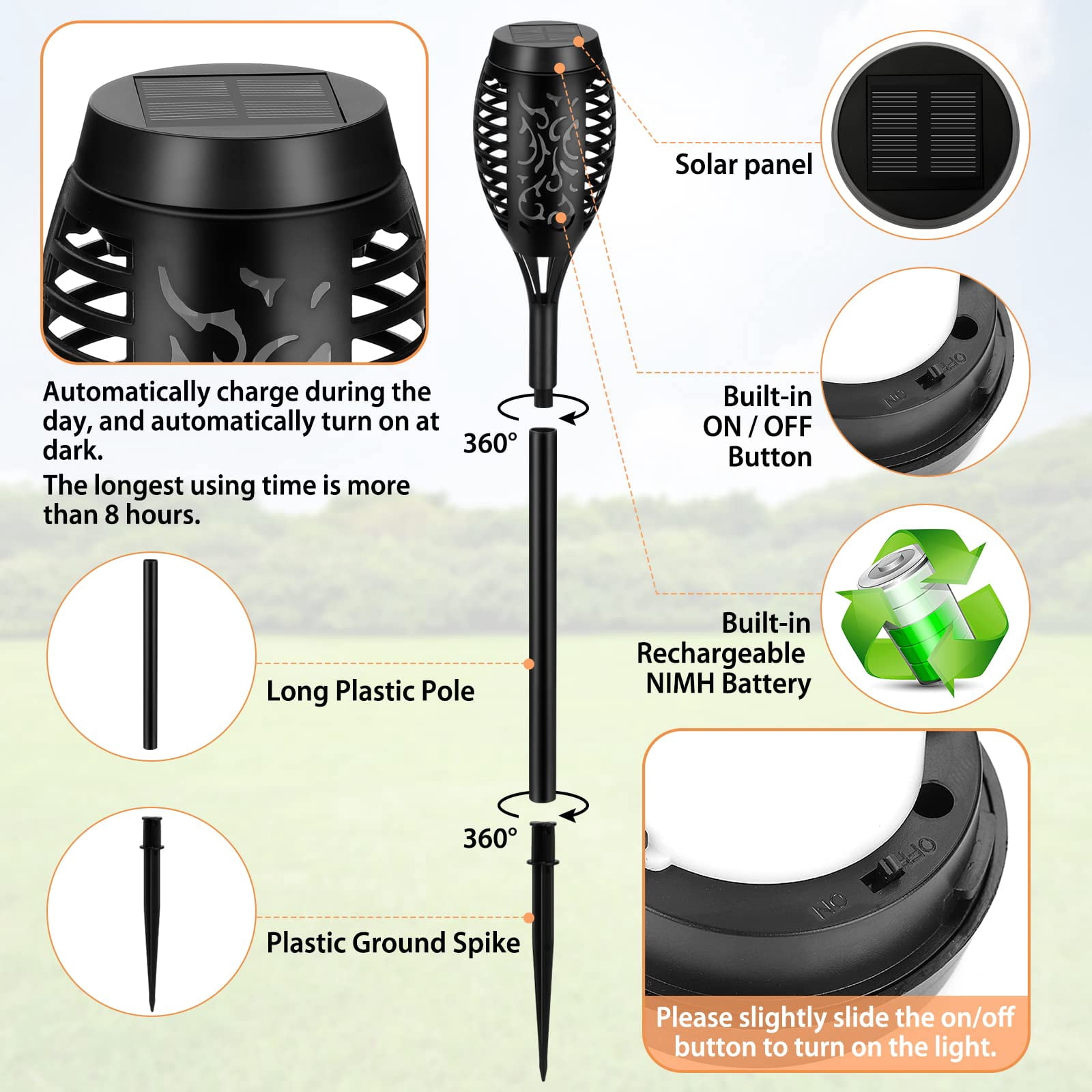 8 Packs Solar Tiki Torch Lights with Flickering Flame, Waterproof H-alloween Solar Lights Outdoor, Solar H-alloween Pathway Lights, H-allowee Decor Lights for Garden, Lawn, Patio, Yard