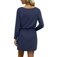 thumbnail image 5 of WTOBBY Women's Fashion V-Neck Long Sleeve Drawstring With Pockets Solid Colour Casual Dresses - Modern and Practical Dress in Solid Color, Featuring Pockets for Convenience,Dark Blue XL, 5 of 5