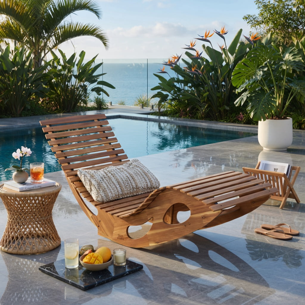Hommoo Acacia Wood Rocking Chaise Lounge Chair, Ergonomic Curved Seat, Breathable Slatted Design, Outdoor Sun Lounger for Patio, Poolside & Backyard, Natural