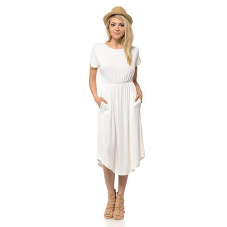 White Flutter Sleeve Dress - Women's Short Sleeve Flare Midi Dress Pockets in Solid Floral