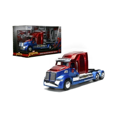 Jada Spider-Man Western Star 5700 XE Big Rig - Die-Cast Vehicle - 1:24, Opening Doors, Chrome Finishes, Rubber Tires - Hollywood Rides Marvel Series - Ages 8  - Red/Blue