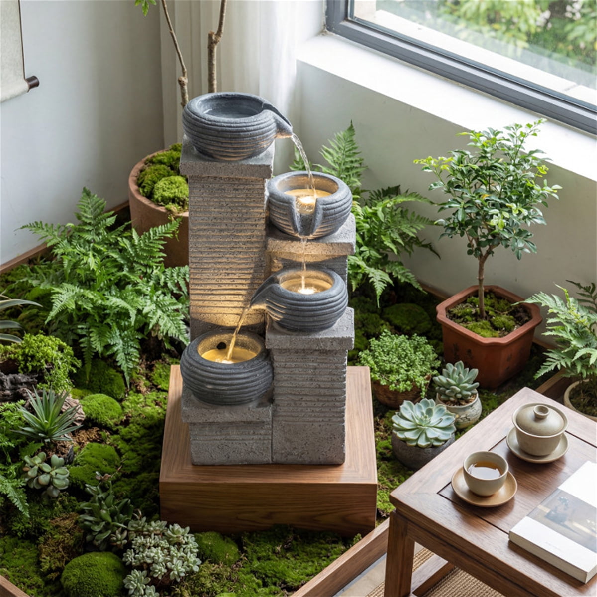 TENGDA Gray 4 Tier Cascading Resin Water Fountain Indoor Outdoor Decor With Warm LED Lights