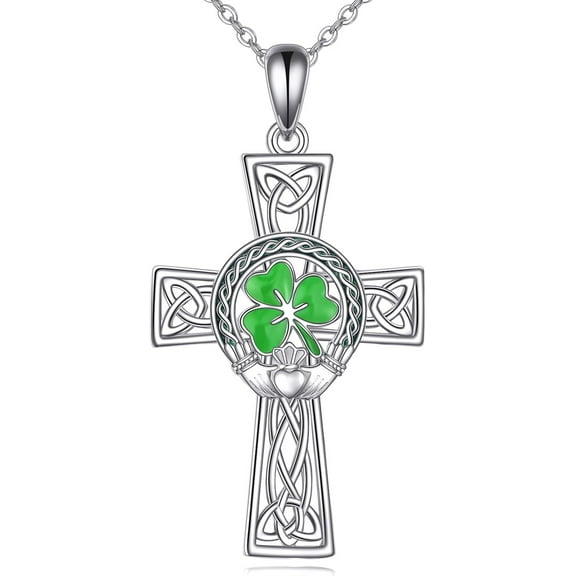 Celtic Cross Necklace 925 Sterling Silver Clover Celtic Claddagh Witches Knot Necklace Cross Jewelry for Women