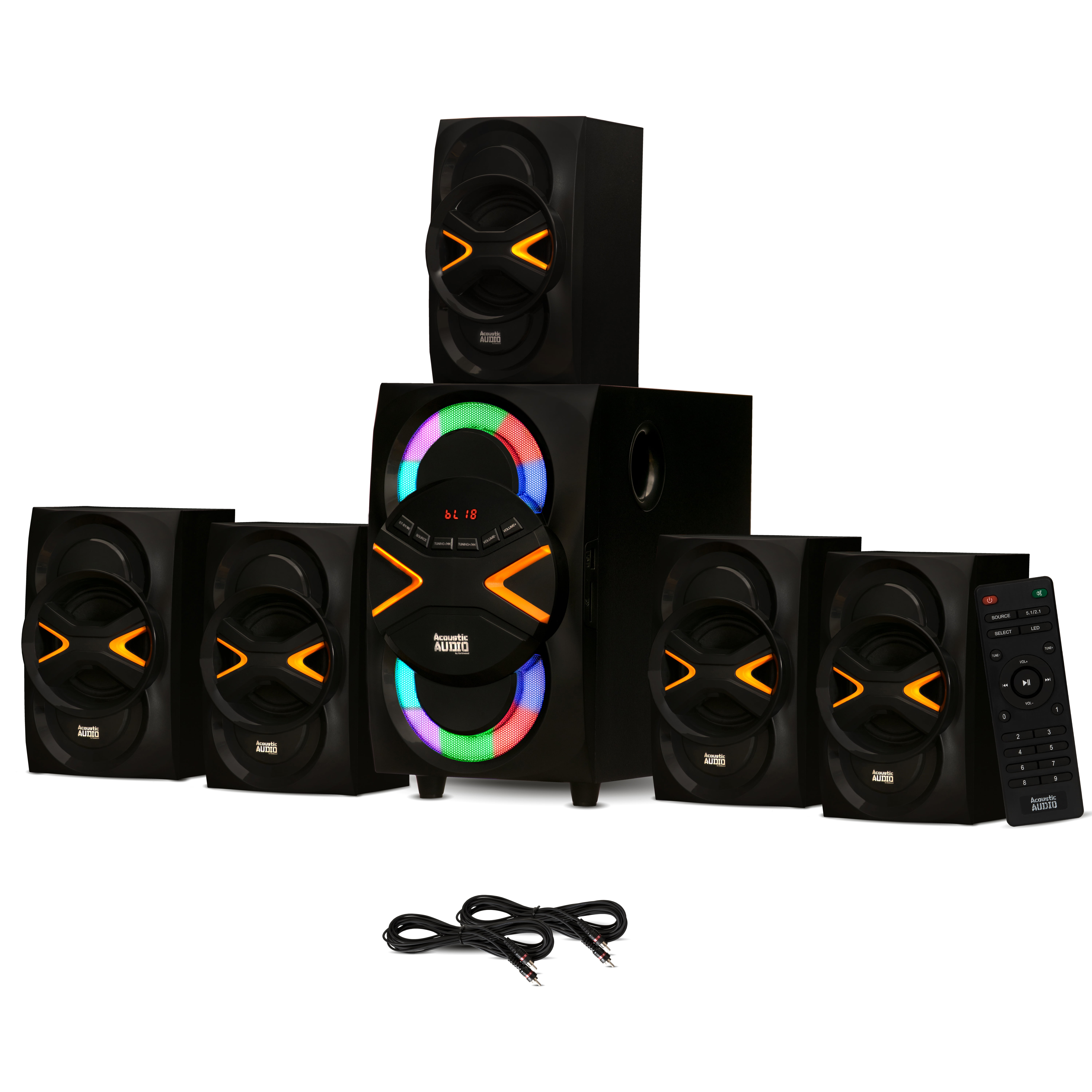 Acoustic Audio AA5210 Home Theater 5.1 Speaker System with Bluetooth FM and 5 Extension Cables LED Lights