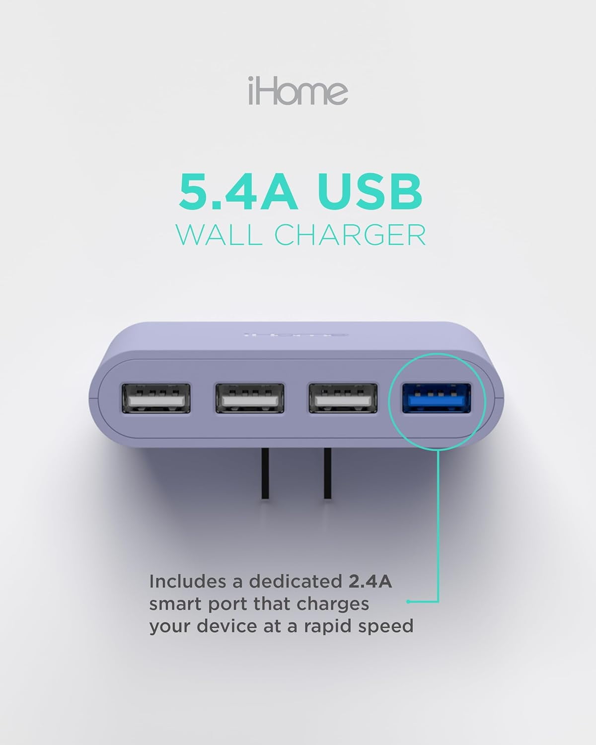 iHome Slim 4-Port USB Wall Charger, AC Pro Flat Plug Adapter, Charging Block for Home & Travel