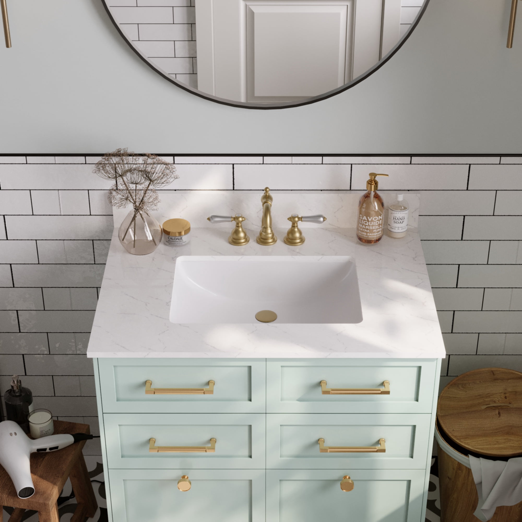 31.1"X22" Engineered Stone Single Bathroom Vanity Top with Ceramic Sink, Three Faucet Holes