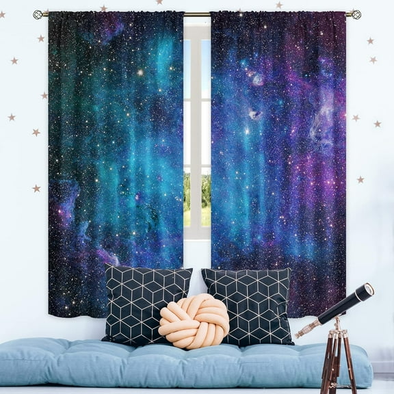 Kids Galaxy Outer Space Nebula Curtains 42W x 63L Inch Rod Pocket Blue Universe Planets Boys Girls Constellation Fantasy Starry Stars Trippy Bedroom Living Room Window Drapes Fabric 2 Panels