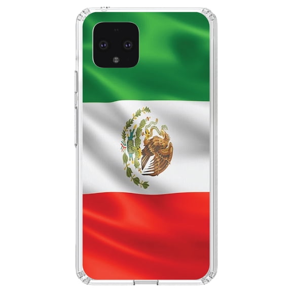 DistinctInk Clear Shockproof Hybrid Case for Google Pixel 4 XL (6.3" Screen) - TPU Bumper, Acrylic Back, Tempered Glass Screen Protector - Red White Green Mexican Flag Mexico
