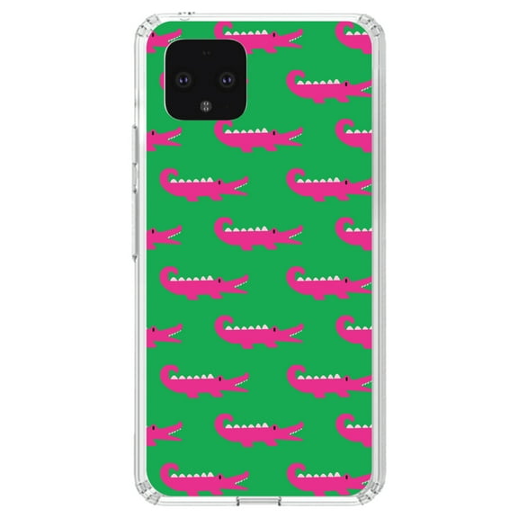 DistinctInk Clear Shockproof Hybrid Case for Google Pixel 4 XL (6.3" Screen) - TPU Bumper, Acrylic Back, Tempered Glass Screen Protector - Green Pink Alligators - Cartoon Alligators