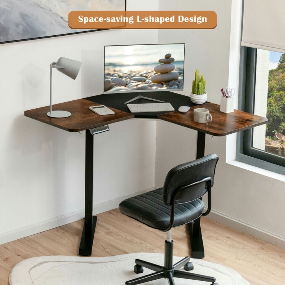 Demi Bonn L-shaped Electric Standing Desk with 4 Memory Positions and LCD Display, Small Home Office Desk Study Writing Table, Brown
