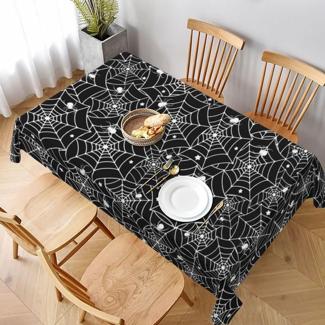 Halloween Tablecloth Rectangle 60x120 Inch,Black White Spider Webs Stars Table Cloth,Stain Resistance Polyester Fall Autumn Holiday Indoor Outdoor Table Covers for Kitchen Dining Parties