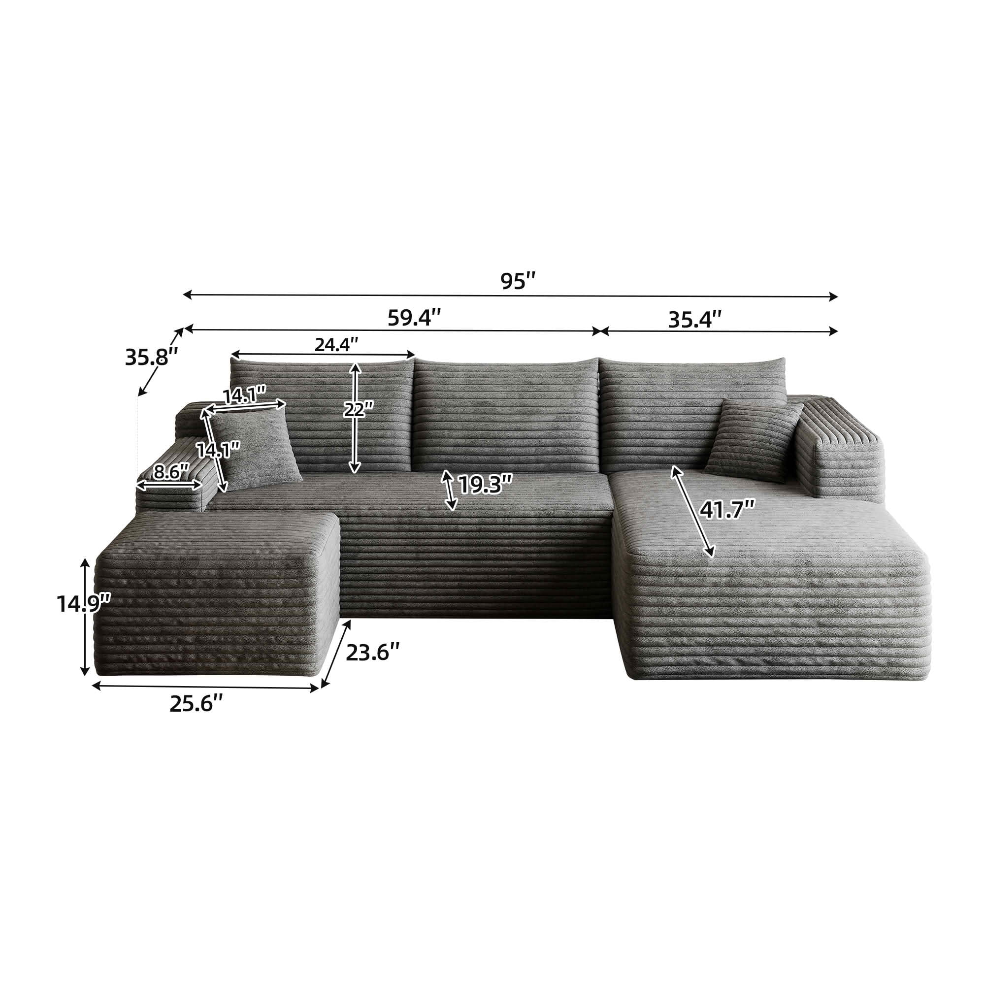 MAYEERTY 95" Corduroy U-Shaped Sectional Sofa with Ottoman, Deep Seat Cloud Couch, No Assembly Leisure Sofa for Home