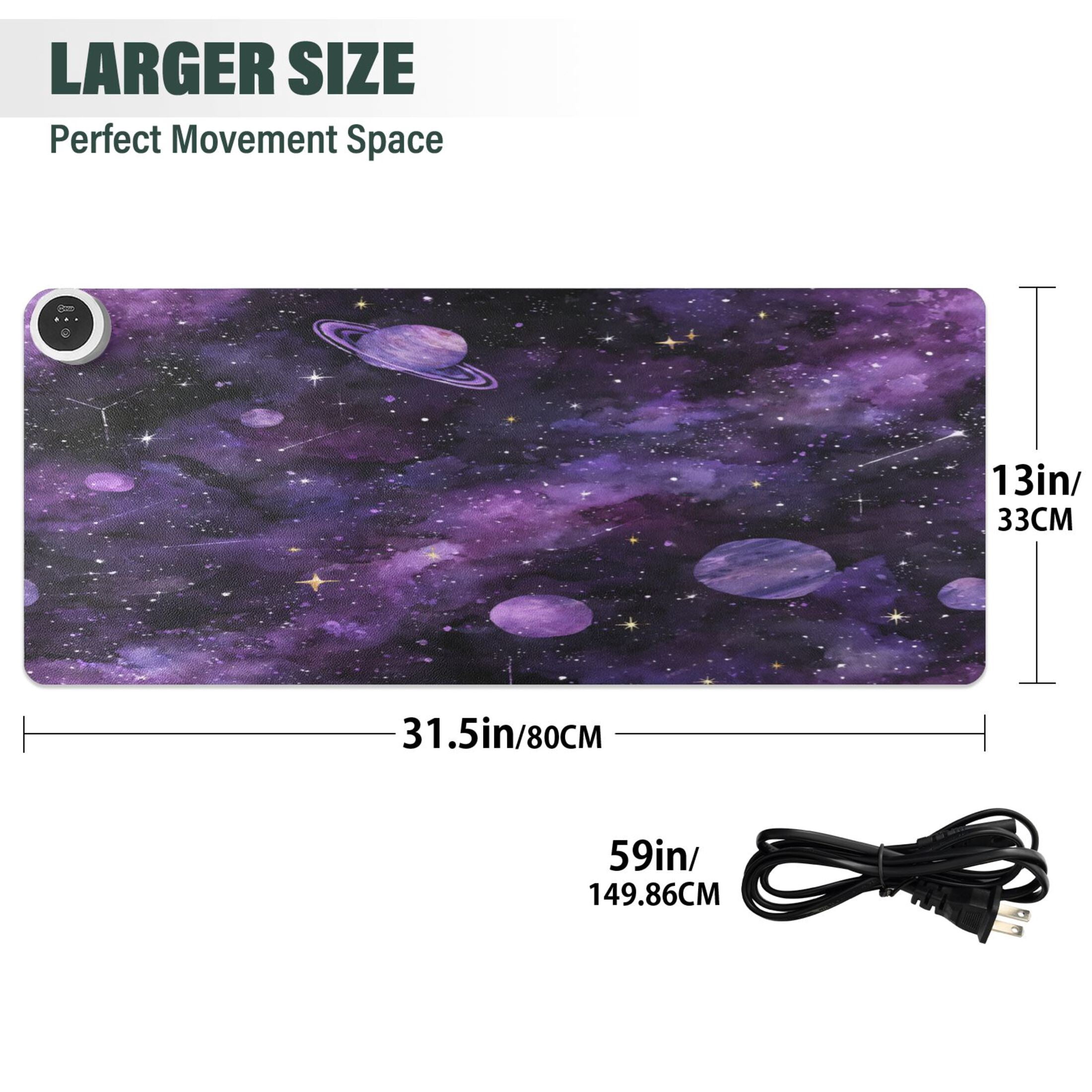 Large Heated Desk Mat Mouse Pad 31.5"x13"PU Leather Graphene Heating Desk Warmer with 3 Temperature Settings 110V US Plug Non-Slip Warm Pad for Home, Office, and Gaming Purple Galaxy Cosmic Whispers
