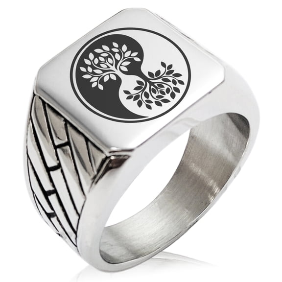 Stainless Steel Tree of Life Yin Yang Geometric Pattern Biker Style Polished Ring