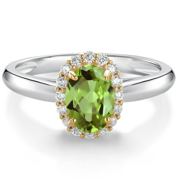 Gem Stone King 925 Sterling Silver and 10k Yellow Gold Green Peridot and White Lab Grown Diamond Halo Engagement Ring for Women (1.03 Cttw, Gemstone August Birthstone, Oval 7X5MM, Size 7)