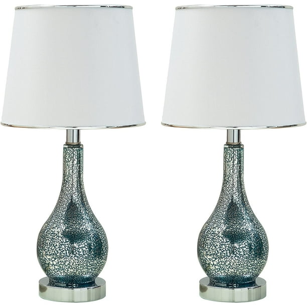 Halle Table Lamp Set Blue Green Glass White Fabric Empire Shade Contemporary Of 2 Com Halle Table Lamp Set Blue Green Glass, Aqua Table Lamp Set