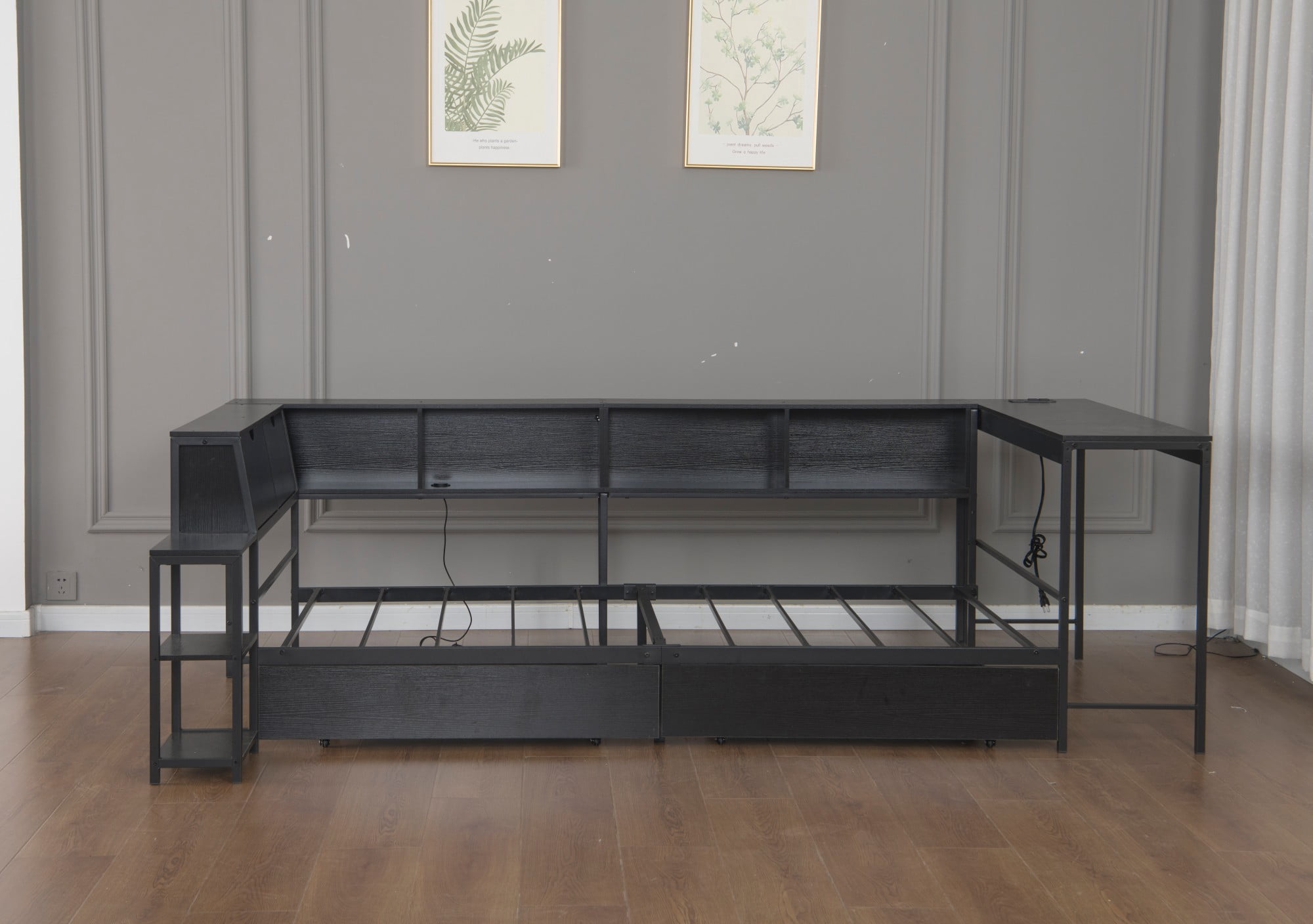 AENKYO Queen Size Corner Daybed with Desk & Storage Headboard, LED Lights, Power Outlets & Drawers, Black