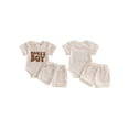 thumbnail image 2 of BemeyourBBs Newborn Baby Boys Mama's Boy Outfit Infant Baby Boy Summer Clothes Waffle Knit Short Sleeve Letters Embroidery Romper with Shorts Set 2Pcs Outfits, 2 of 9