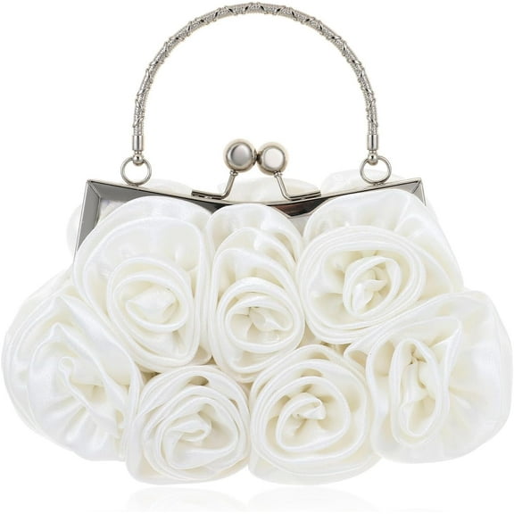Women Flower Clutch Purse Rose Satin Evening Handbag Small Purse with Detachable Chain Strap for Wedding Party