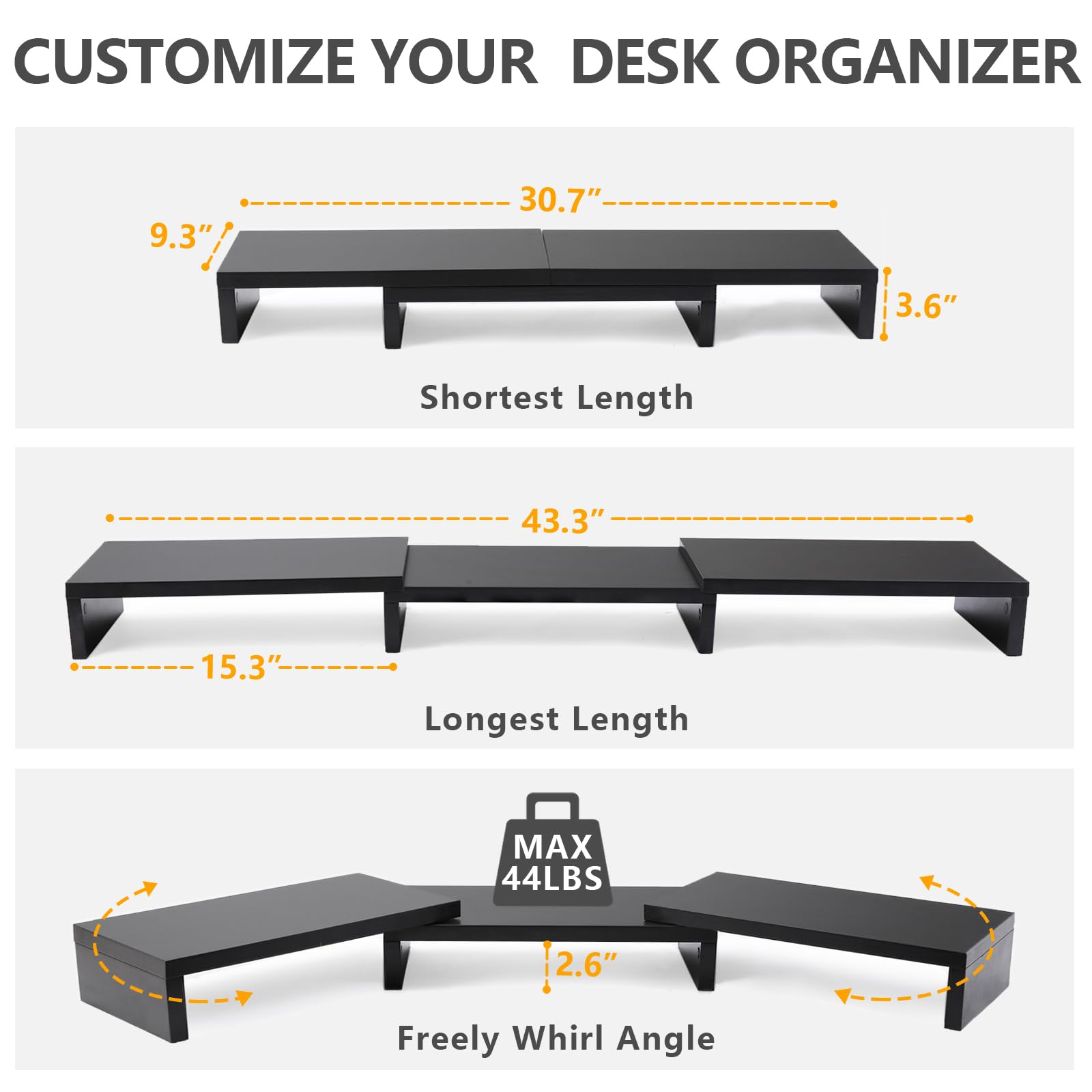 Tavr Dual Monitor Stand Riser Office Desktop Organizer For 2 Monitors  Adjustable Length And Angle 3 Shelf Extra Long Multifunctional Up To 43.3" Fit Computer Laptop Tv Black