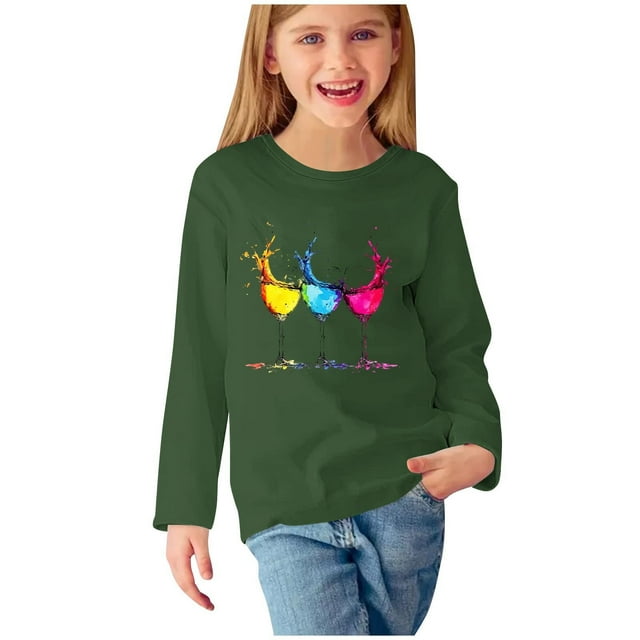 Huvoen T-Shirts à Manches Longues pour Tout-Petits Blouses et Chemises à Manches Longues à Col Rond Chemises à Manches Longues pour Filles Chemises à Imprimés Mignons Chandails Ras du Cou Hauts Blouses Habillées Décontractées Vêtements Vert 11 Ans