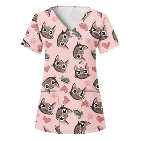 

Casual Women Scrubs Top Nurses Clothing Workwear Uniform Animal Printed Short Sleeve V-Neck Holiday Cartoon Working Tshirts Blouse Tops With Pockets