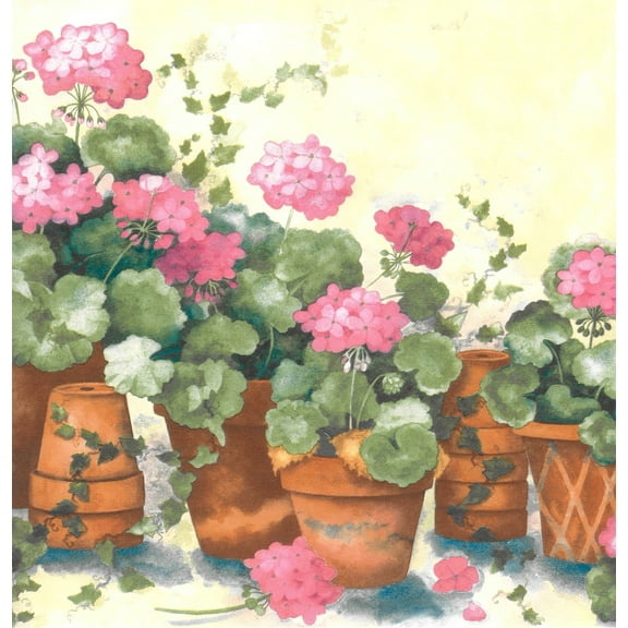 Dundee Deco Prepasted Wallpaper Border - Floral Pink, Brown, Green, Blue Terra Cotta Potted Flowers, 15 ft x 10 in