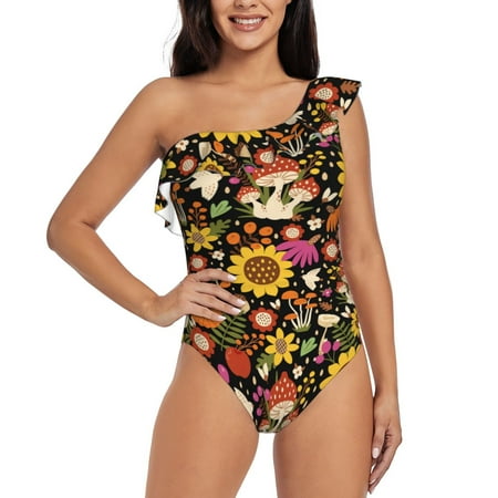Coaee Sunflowers Mushrooms Women s One Piece Swimsuits One Shoulder Swimwear Asymmetric Ruffle Monokinis Bathing Suits - Large