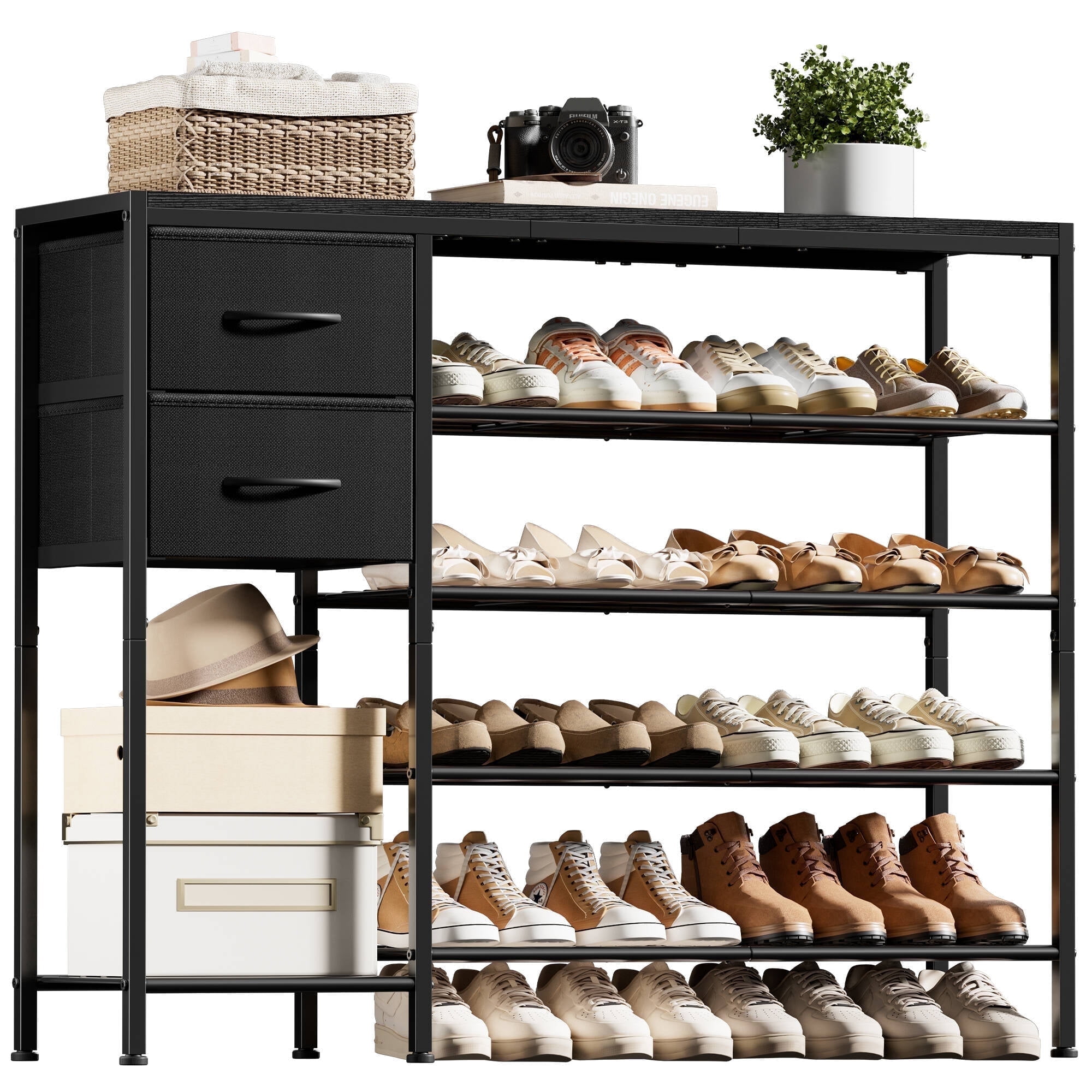 BGTREND 5-Tier Shoe Rack with Wooden Top and 2 Fabric Drawers, 16-21Pairs Shoe Storage Organizer with Boots Storage, Wide Shoe Stand for Entryway Hallway Closet (37.4''L, Black)