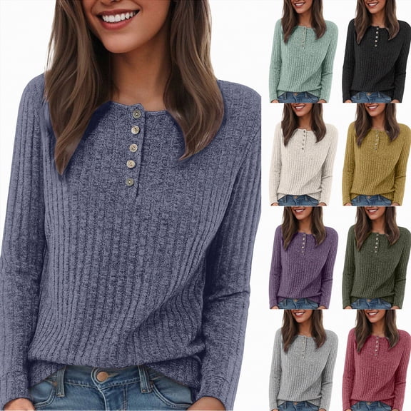 Towmus Women's V Neck Sweaters Solid Color Long Sleeve Pullover Tops Button Knit Sweater Fashion Daily Tops