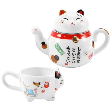 

2 Pcs Cute Japanese Lucky Porcelain Tea Set Ceramic Tea Cup Pot with Strainer Lovely Teapot Mug