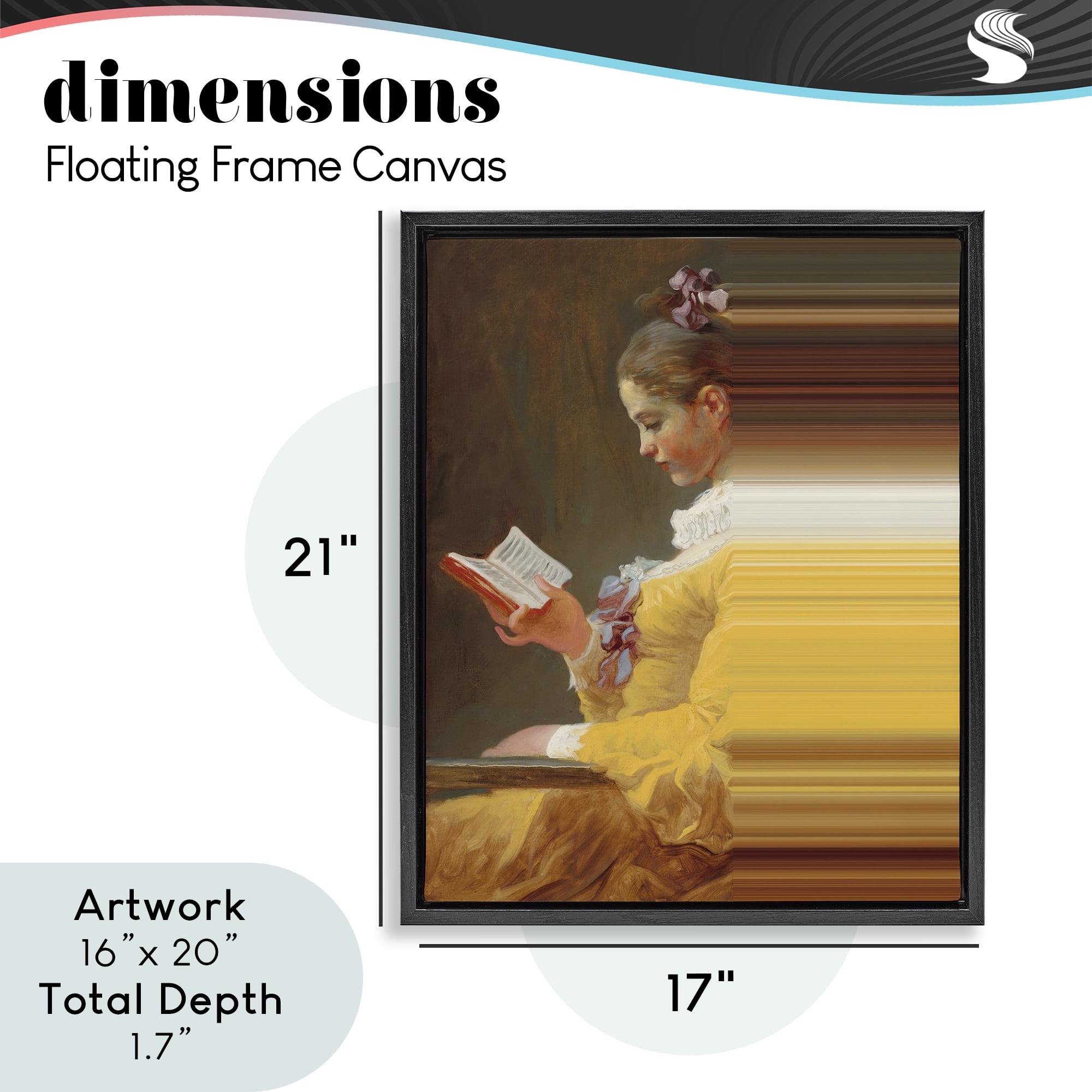 Vintage Lady Reading with Gradient Streaks Black Framed Floater Canvas Wall Art, design by Seven Trees Design