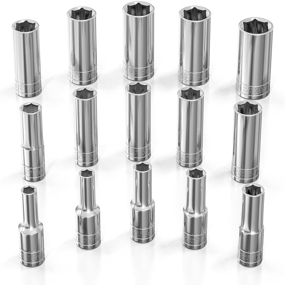 Olsa Tools Metric Socket Set (15pc) | 3/8-Inch Drive | 6-Point Deep Socket Set | Metric Sizes from 6 mm to 20 mm | Mechanic Metric Socket Sets | Long