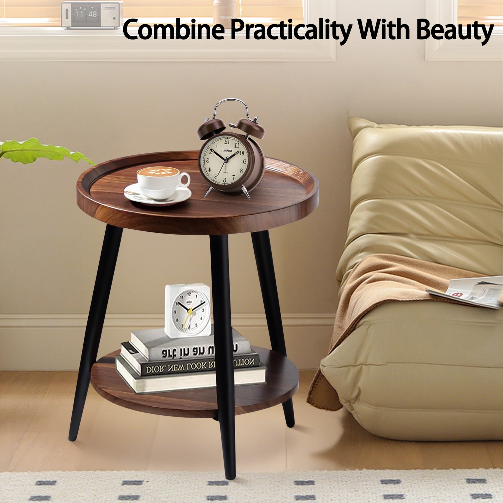HDUTNGISN 2-Tier Round Brown Wood Side Table with Metal Frames,Small End Table for Living Room