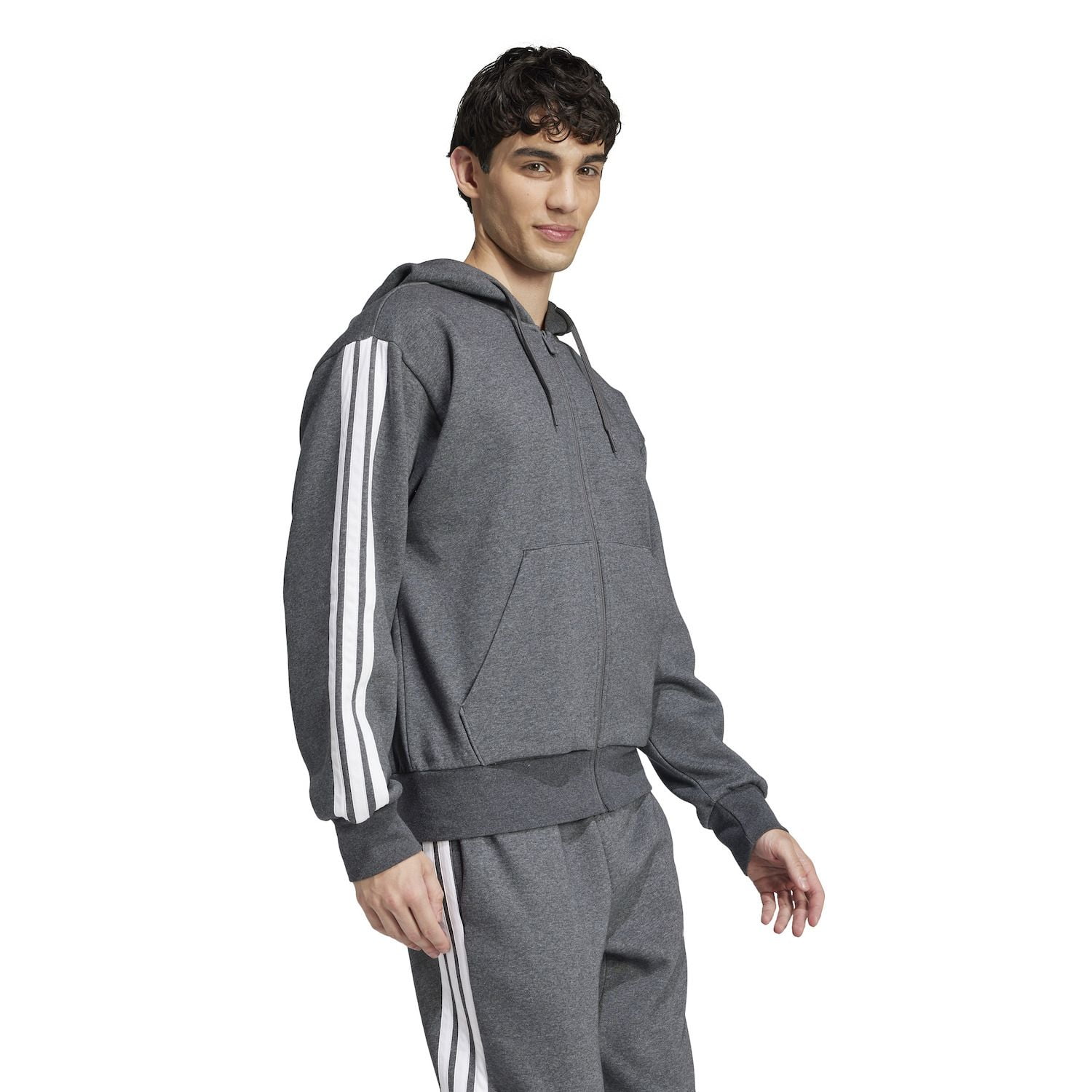 Men's adidas Essentials 3-Stripes Fleece Sportswear Zip Front Hoodie Color: Medium Grey Heather Size: L