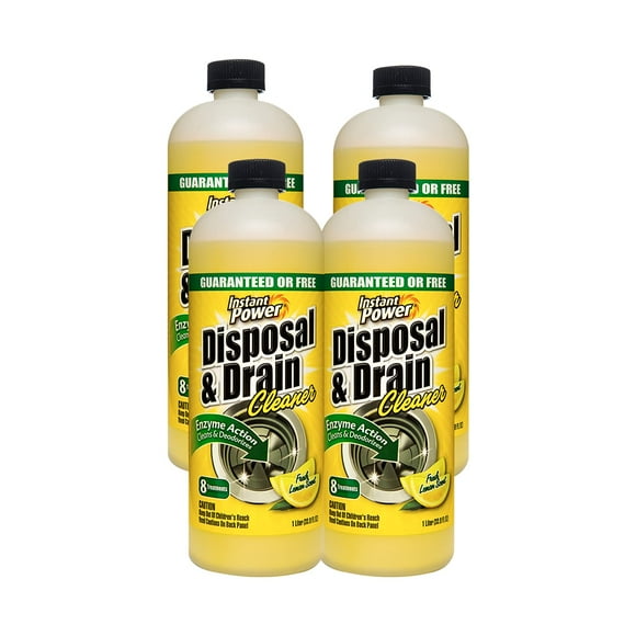 Instant Power Disposal and Drain Cleaner – Liquid Enzyme Clog Remover, Cleans and Deodorizes, Removes Drain Blockages, Fresh Lemon Scent 33.8 Fl oz, 1 Liter 4 Pack