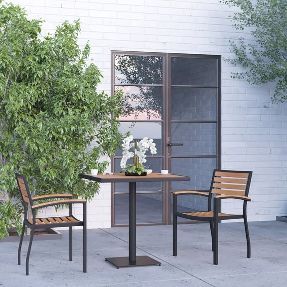 Merrick Lane Set of Two Aluminum Stacking Chairs with Faux Teak Slatted Back and Seat and Faux Teak Accented Arms