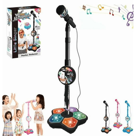 The All-in-One Microphone Toy, 2026 New Karaoke Microphone Toy with Adjustable Stand and LED Lights, Christmas Birthday Gifts for Little Singers Black