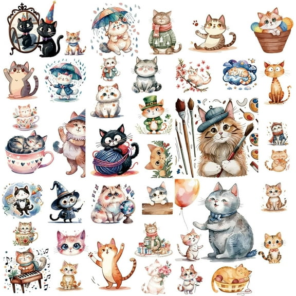 8 Sheets 8 Styles Cartoon Cute Cat Wall Stickers Cat Wall Decals Animal Kitty PVC Waterproof Self Adhesive Peel and Stick Window Art Clings