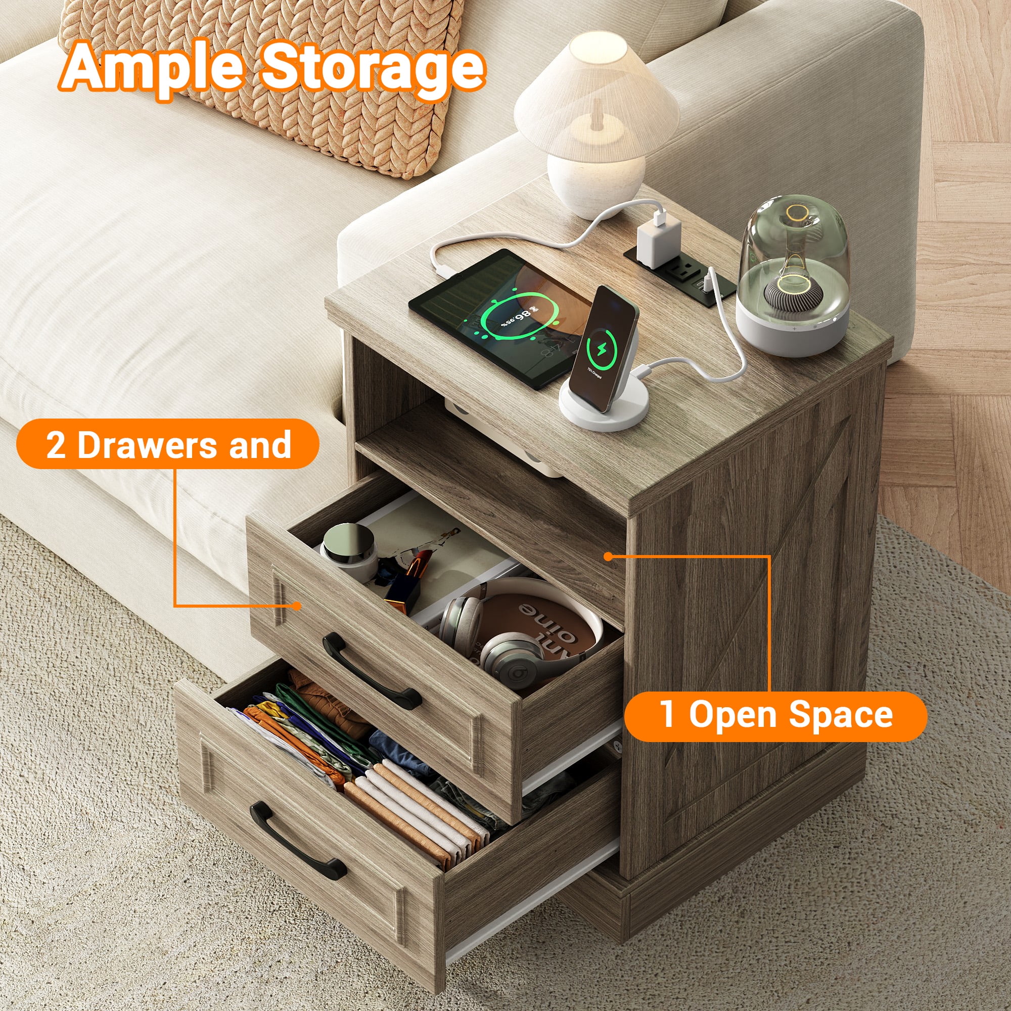 NEGYLIM Nightstand with Drawers for Bedroom, Farmhouse End Table with Charging Station, 2 Drawers Storage for Bedroom, Gray