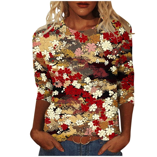 Tnhcen Hauts Graphiques Basiques à Manches 7/8 et Col Rond Imprimé Vintage pour Femmes - Chemises d'Automne Amicales Grande Taille P-5TG