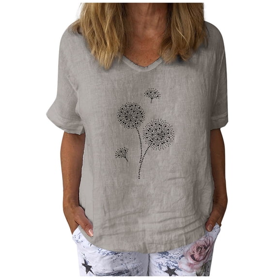 MENRKOO Womens Tops Clearance Under $5 Fashion Women Summer Loose Print O-Neck T-Shirt Short Sleeve Cotton Linen Tops