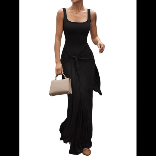 Vestido de Verano para Mujer, Sin Mangas, con Cuello Cuadrado, Sexy, con Doble Forro, Ajustado, y Maxivestido. Negro M