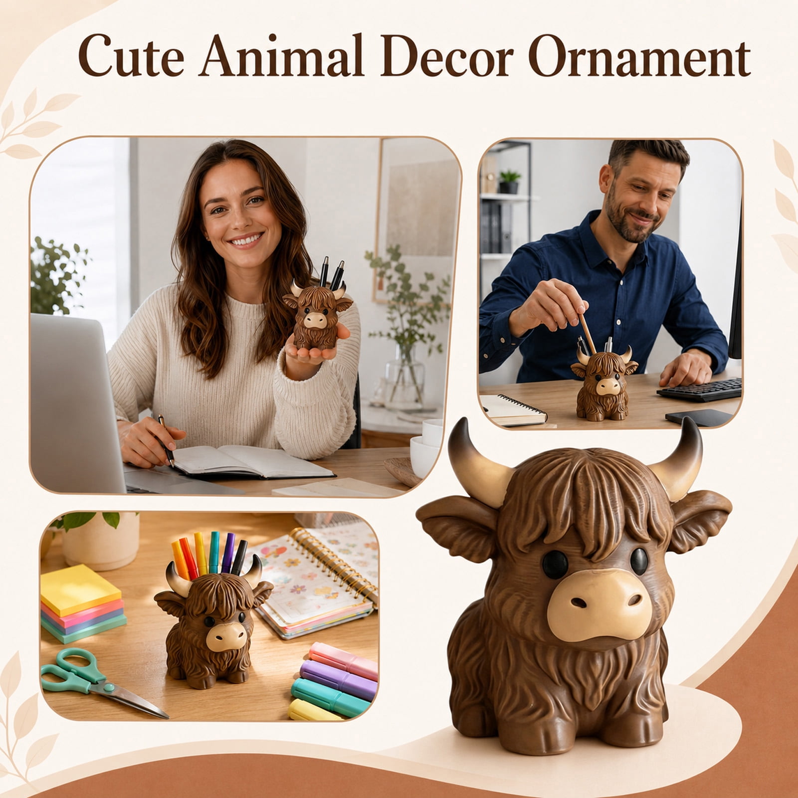 Highland Cow Pen Holder, Cute Resin Desk Decor Organizer, Unique Farm Animal Pencil Cup for Office Home School Supplies, Rustic Desktop Accessories Gift for Women Teachers Students
