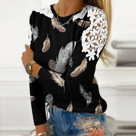 

KIHOUT Women s Plus Size Blouses Deals Women Casual Print Round Neck Lace Hollow Out Long Sleeve Pullover Slimming Blouse T-shirt Tops