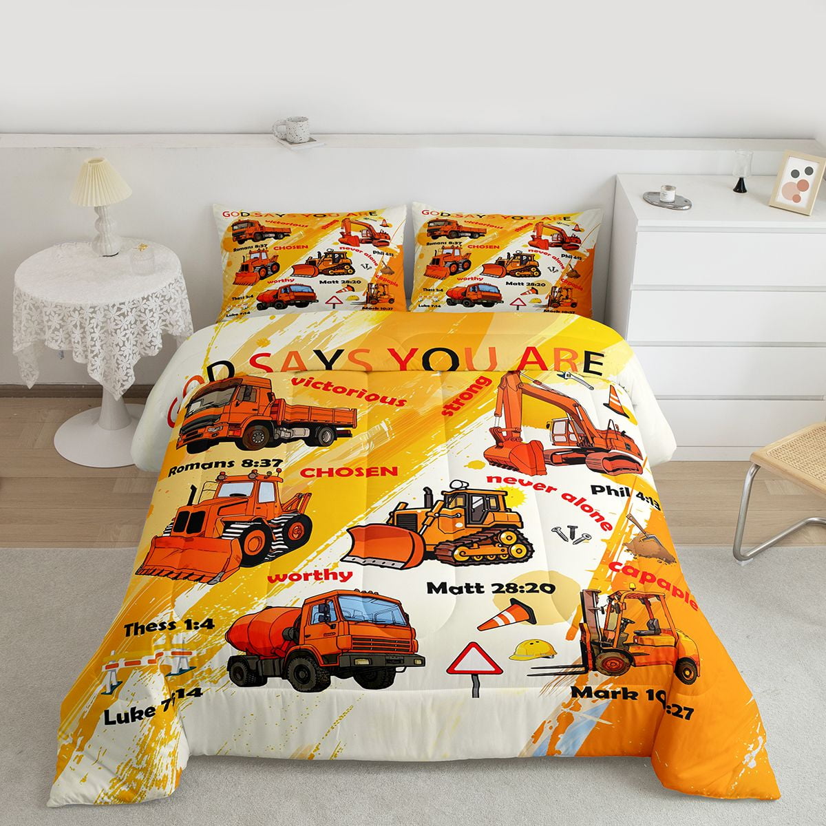 Manfei Orange Graffiti Full Size Comforter Sets,Excavator Bulldozer Truck Bedding Comforter Set,Construction Vehicles Bedding Sets For Boys,Luxury Bedroom Decor Reversible,3 Pieces